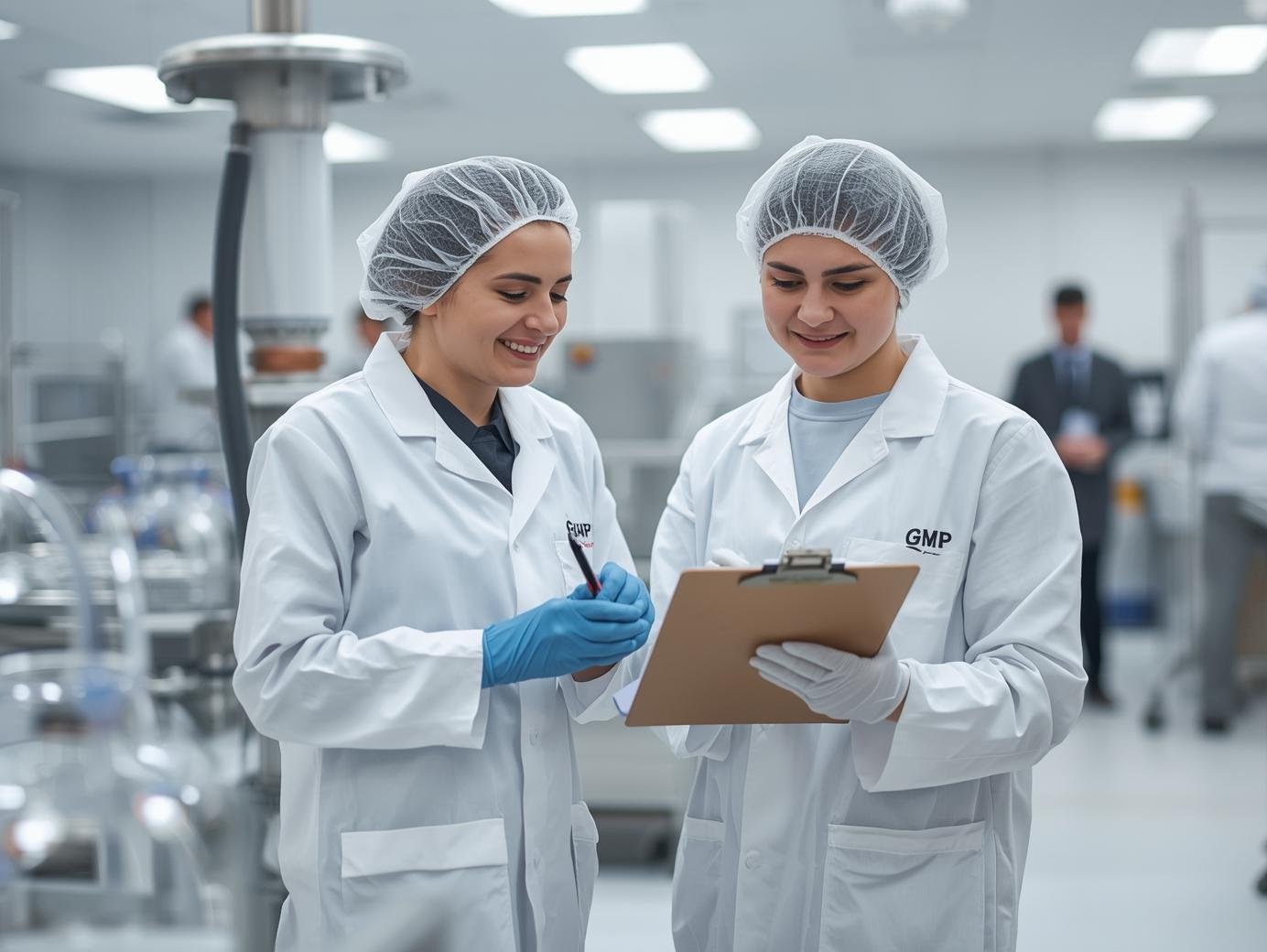 An image of a two auditors in a sterile manufacture area, they are looking at a sterile vessel and making notes on a clipboard, they are wearing gmp PPE including labcoats, hairnets and gloves.  There are people wo