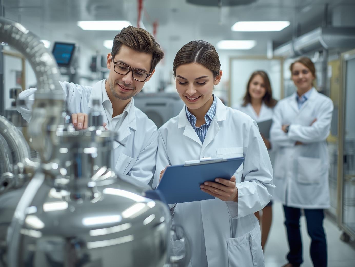 An image of a two auditors in a sterile manufacture area, they are looking at a sterile vessel and making notes on a clipboard, they are wearing lab coats.  There are people working in the background and an audit s