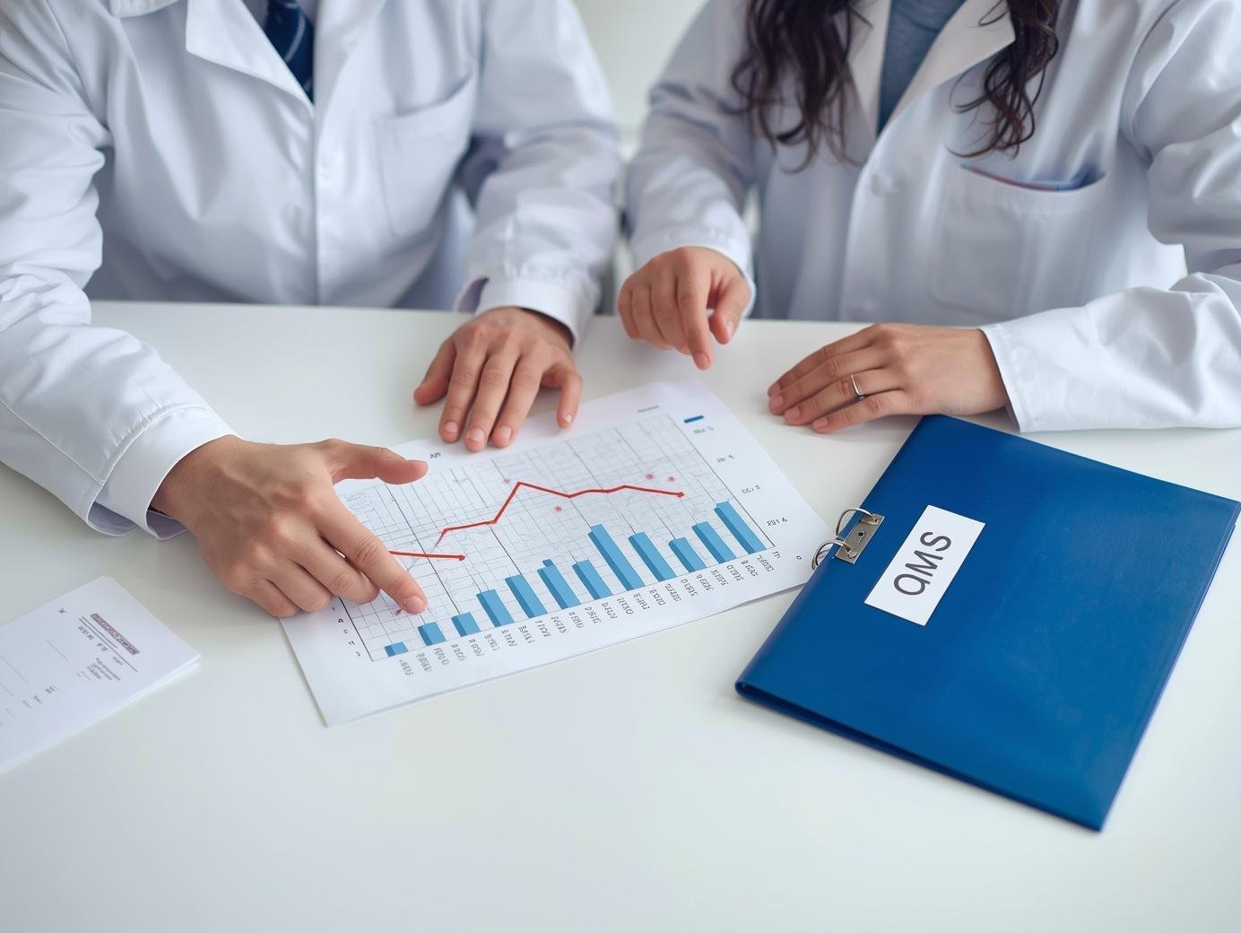 An image of two people in lab coats sitting at a desk in a lab, one is pointing to some graphs that are showing a downward trend.  Thee is a folder on the desk that says QMS (1)