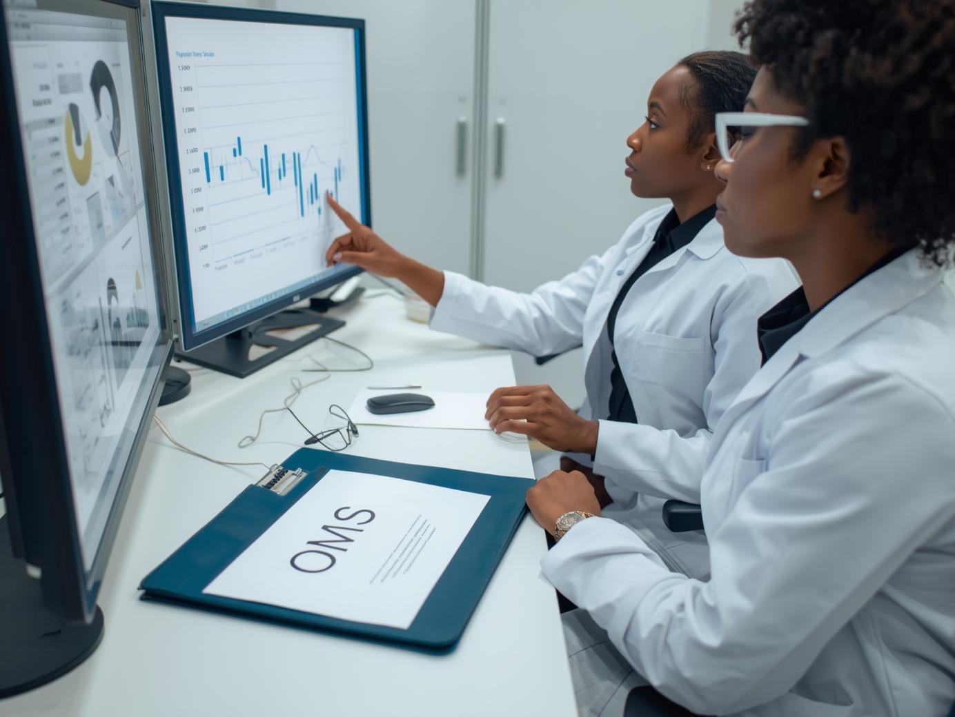 An image of two people in lab coats sitting at a desk in a lab, one is pointing to some graphs that are showing a downward trend.  Thee is a folder on the desk that says QMS