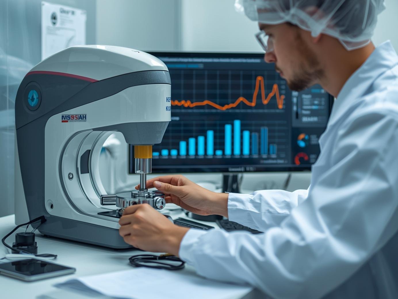 an image of someone in a lab working on a medical device, they are measuring something and putting results into a computer.  There are quality KPIs in the background on a chart