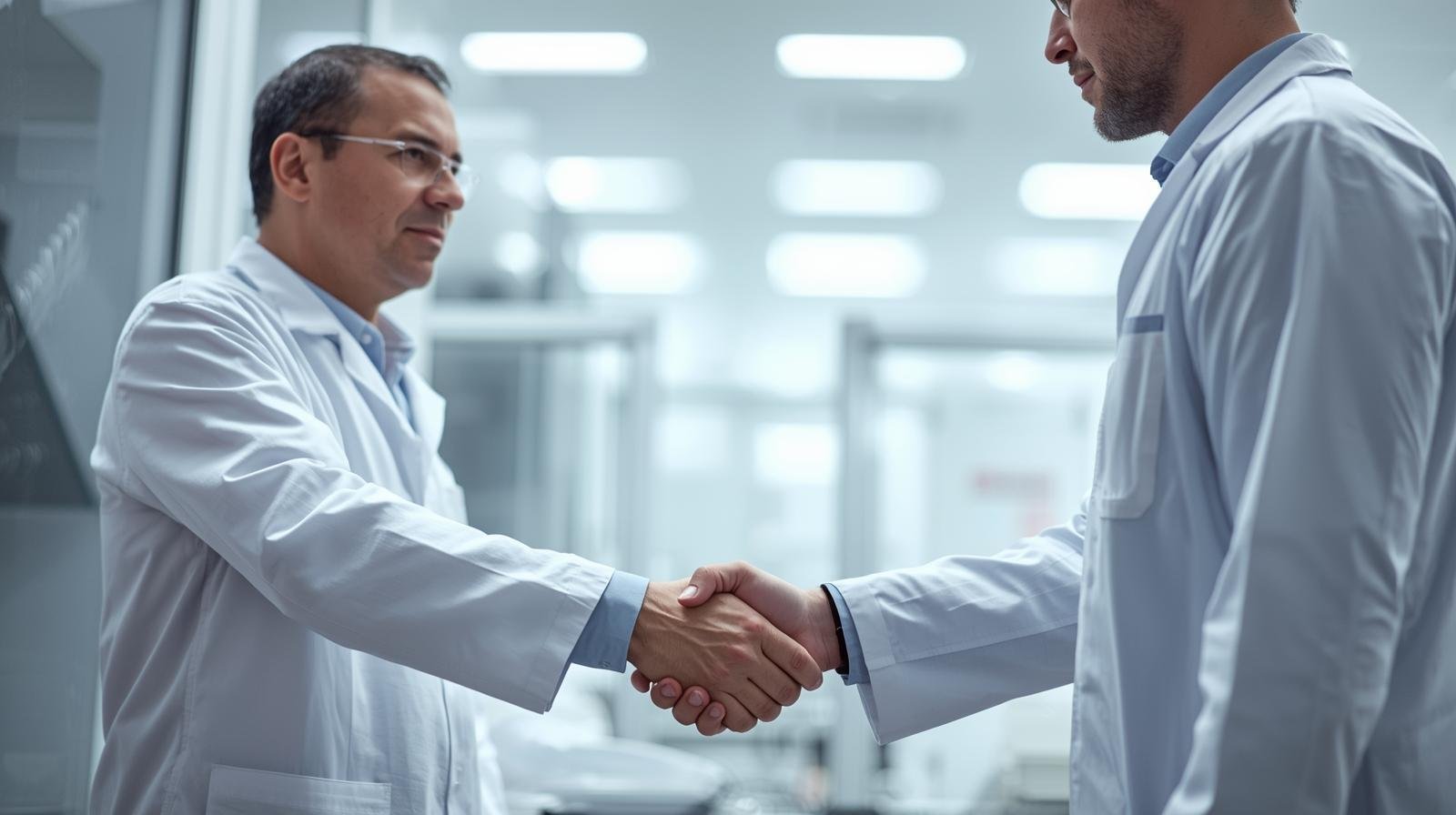 two people in gmp auditors in lap coats shaking hands